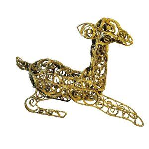 Gold Glitter Wire Reindeer Christmas Centerpiece Holiday Lying Down Figurine